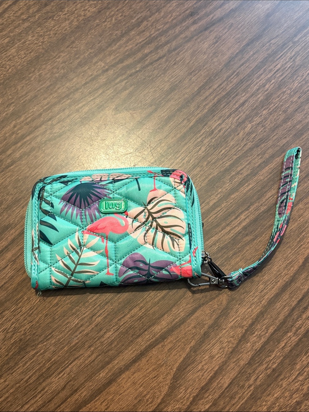 Lug Turquoise Rodeo 2 Compact RFID Wallet in Flamingo Mint Quilted Wristlet